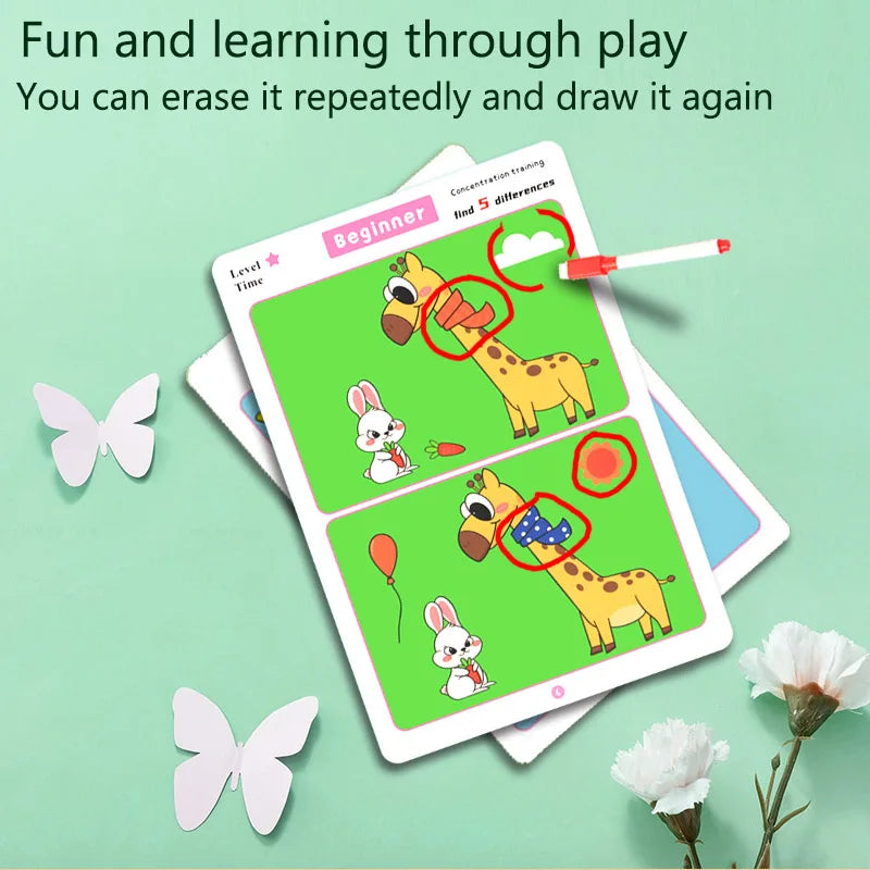 Edu Game for Kids, Focus Training, Find Difference, Calms Hyperactivity, Wipe-Clean Reusable, Great Holiday Gift.