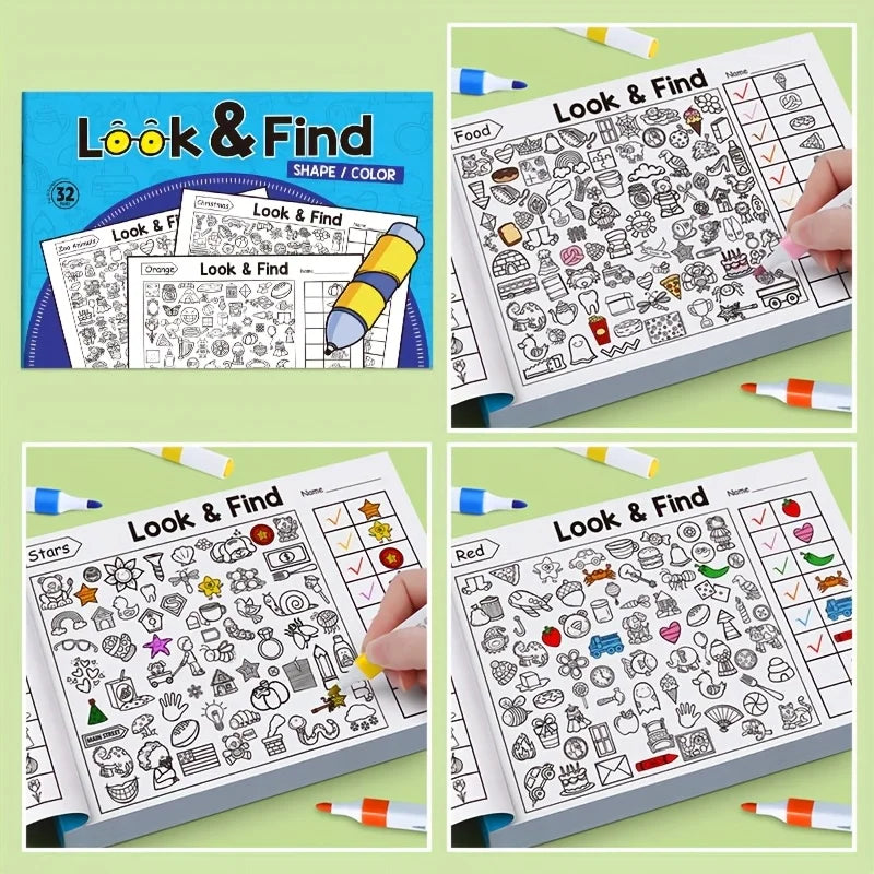 Interactive Seek & Find Coloring Activity Book for Kids with Look & Find Games, Hidden Object Pictures & Matching Exercises - Bo